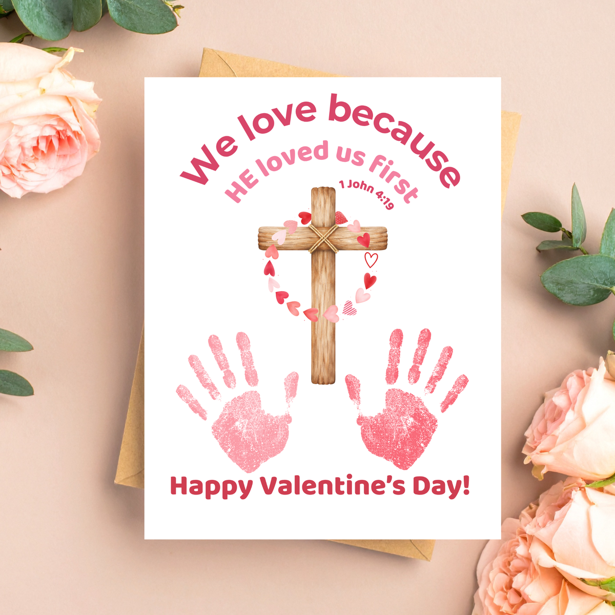 Christian Valentine Handprint Craft for Kids | 1 John 4:19 Cross Valentine Keepsake | Sunday School Printable