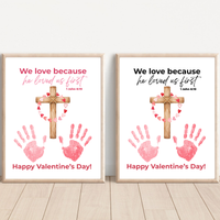 Christian Valentine Cross Handprint Craft | 1 John 4:19 We Love Because He Loved Us First Printable Bible Verse Printable for Kids