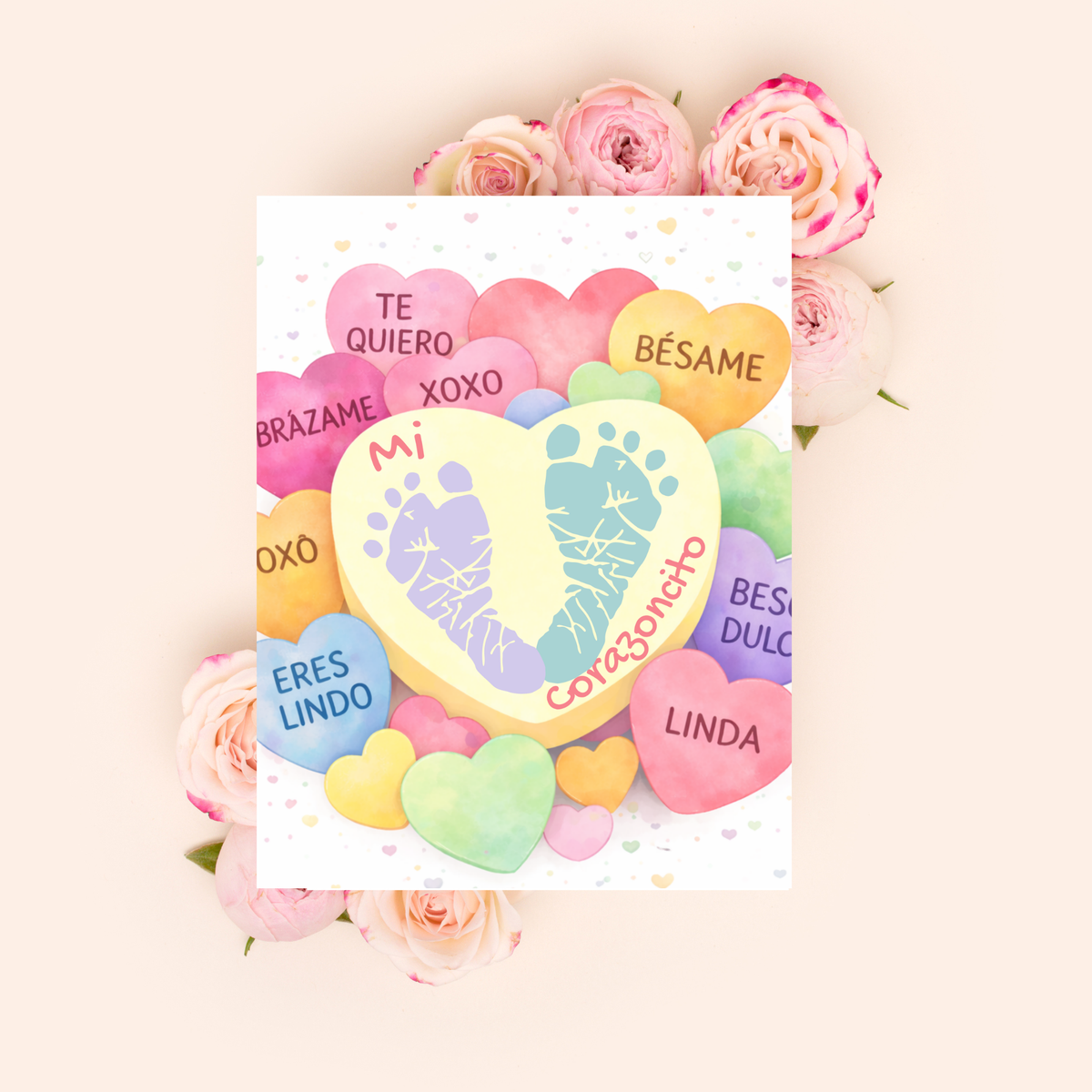 Spanish Valentine Handprint Craft for Kids | Mi Corazoncito Conversation Hearts Printable | Preschool Valentine Keepsake