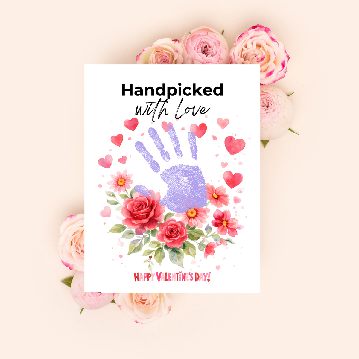 Valentine Flower Handprint Craft for Kids | Handpicked With Love Printable | Preschool Valentine Keepsake