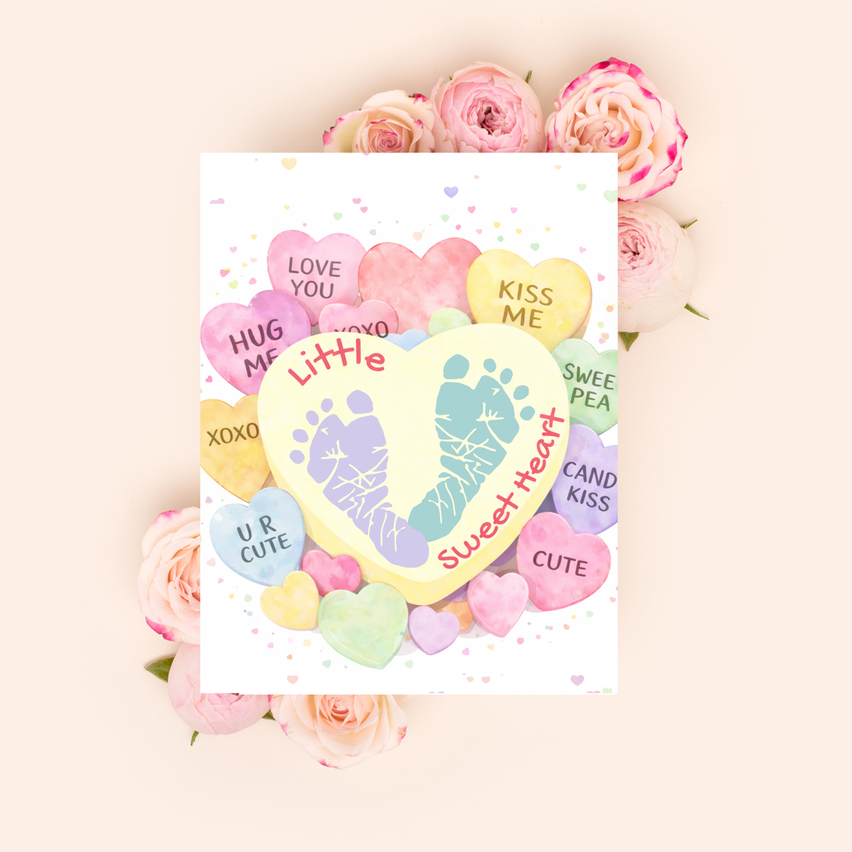 Valentine Sweetheart Candy Handprint & Footprint Craft for Kids | Conversation Heart Keepsake Printable