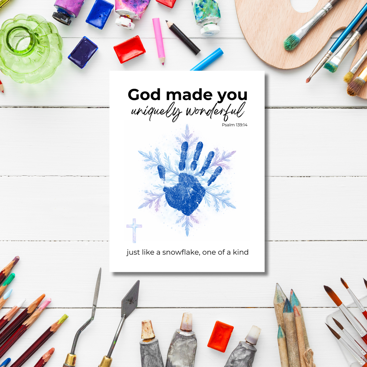 God Made You Uniquely Wonderful Snowflake Handprint Printable | Faith Based Winter Keepsake | Psalm 139:14 Christian Kids Art