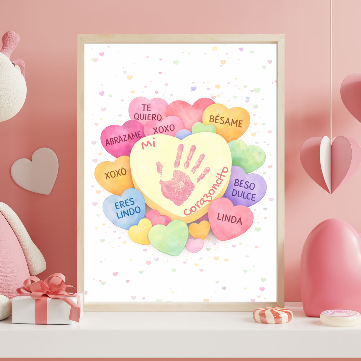 Spanish Valentine Handprint Craft for Kids | Mi Corazoncito Conversation Hearts Printable | Preschool Valentine Keepsake