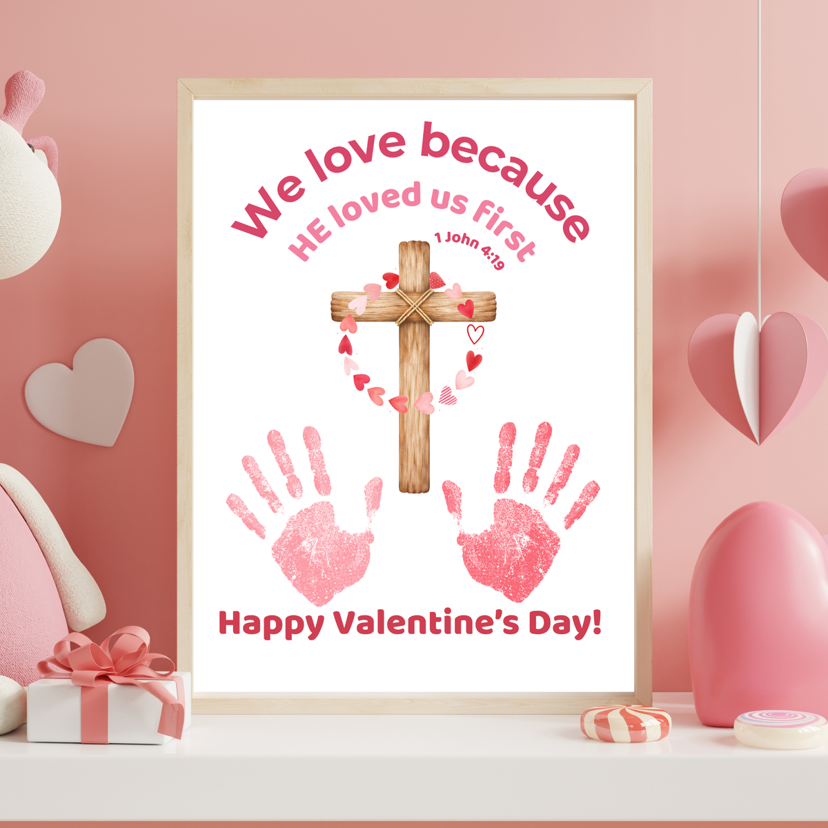 Christian Valentine Handprint Craft for Kids | 1 John 4:19 Cross Valentine Keepsake | Sunday School Printable