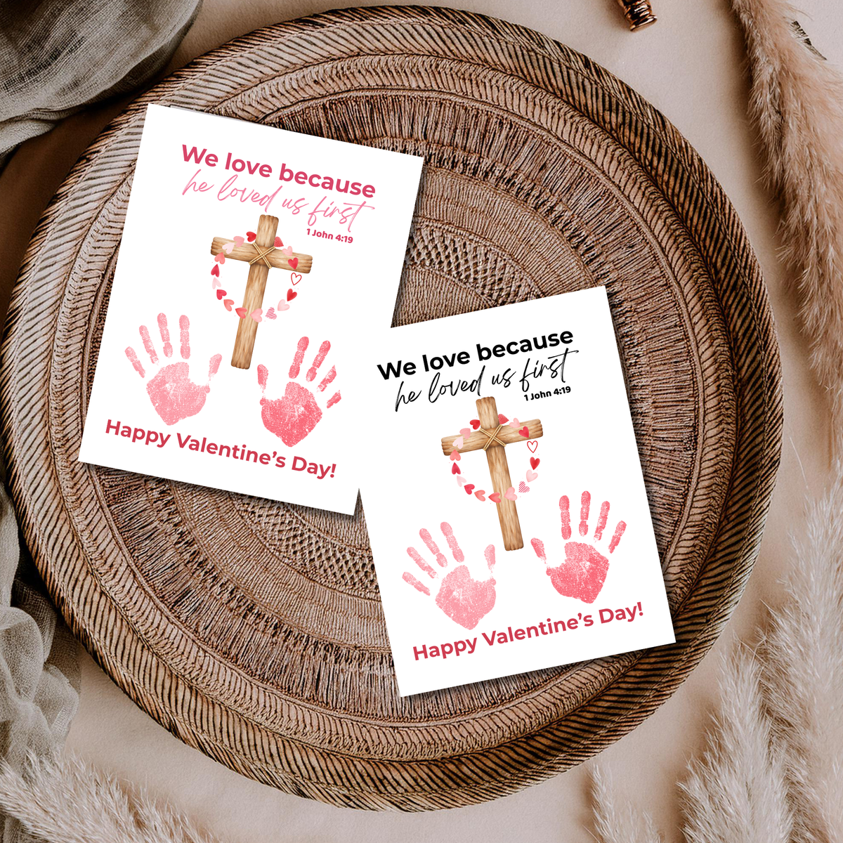 Christian Valentine Cross Handprint Craft | 1 John 4:19 We Love Because He Loved Us First Printable Bible Verse Printable for Kids