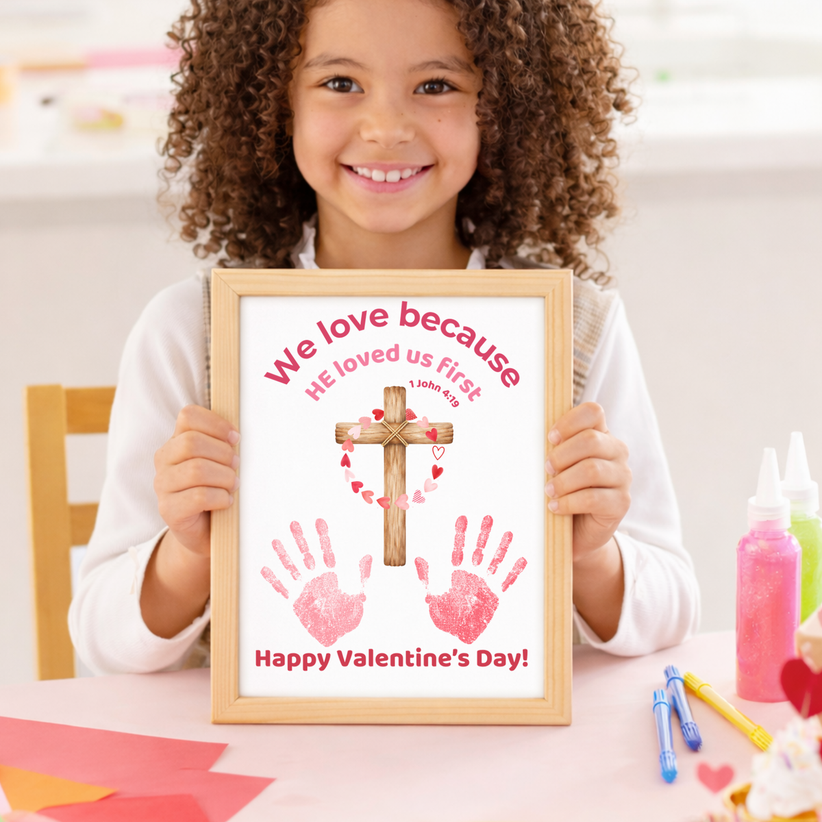 Christian Valentine Handprint Craft for Kids | 1 John 4:19 Cross Valentine Keepsake | Sunday School Printable