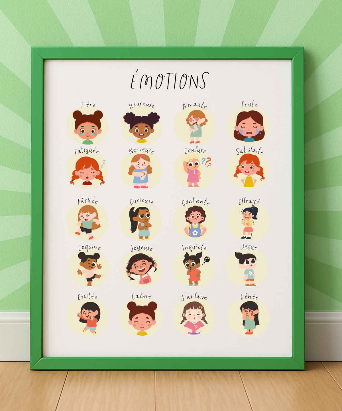 French Feelings Poster (Female) | Emotional Awareness Chart for Kids | Educational Classroom & Home Wall Art