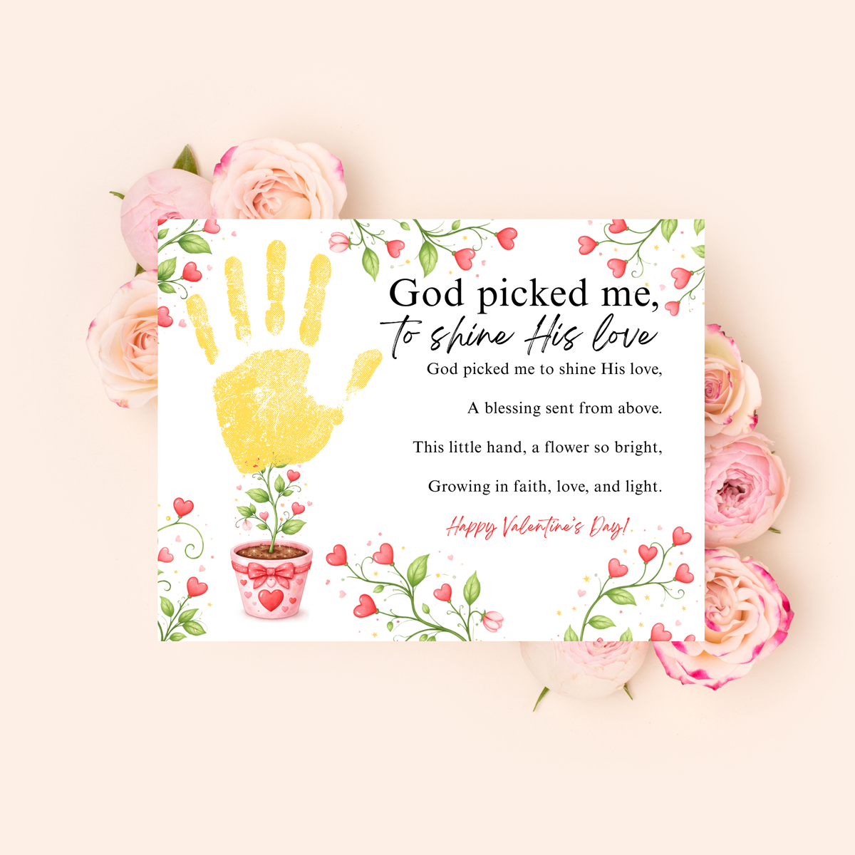 Christian Valentine Poem Handprint Craft for Kids | God Picked Me to Shine His Love Flower Keepsake