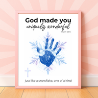 God Made You Uniquely Wonderful Snowflake Handprint Printable | Faith Based Winter Keepsake | Psalm 139:14 Christian Kids Art