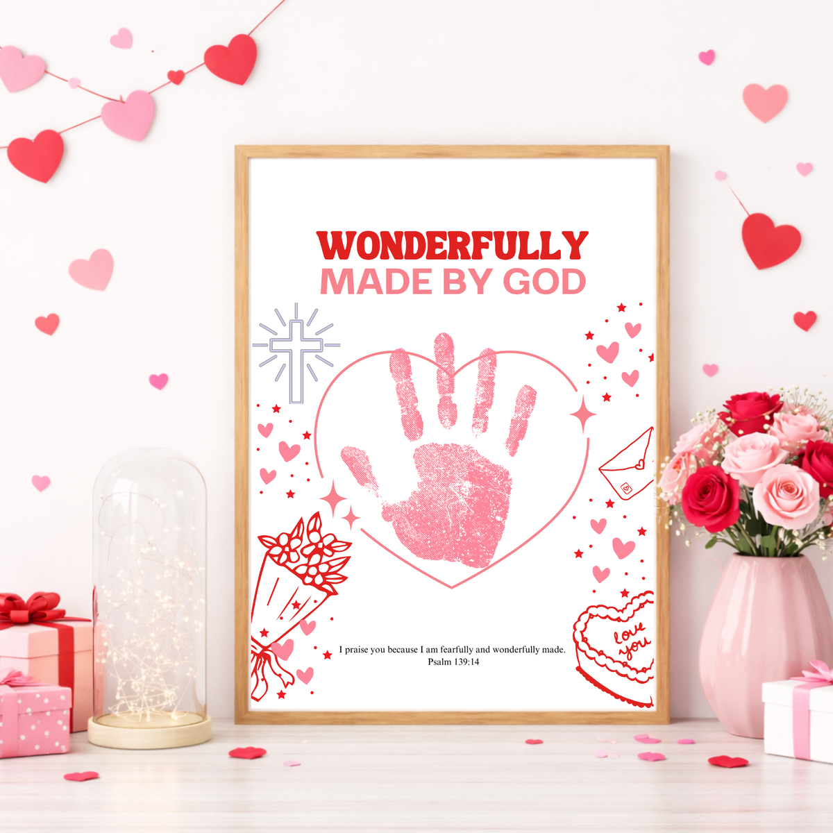 Valentine’s Day Christian Handprint Craft Printable | Wonderfully Made by God | Psalm 139:14 Kids Keepsake PDF