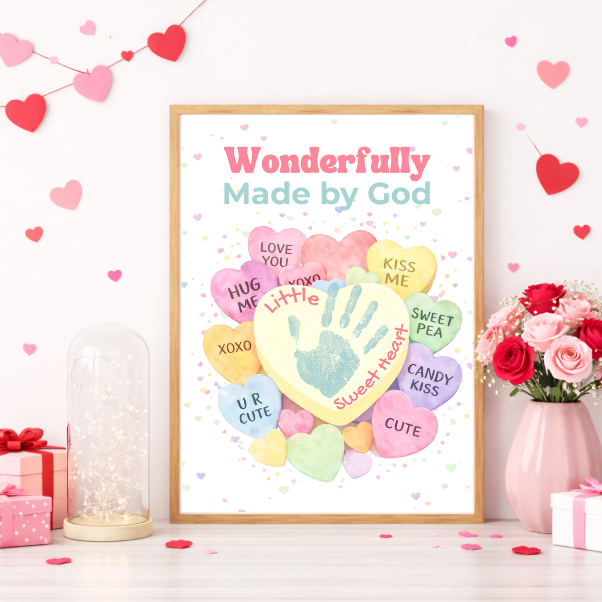 Faith-Based Valentine Heart Candy Handprint Craft Printable | Wonderfully Made by God Keepsake | Psalm 139:14 Valentine PDF