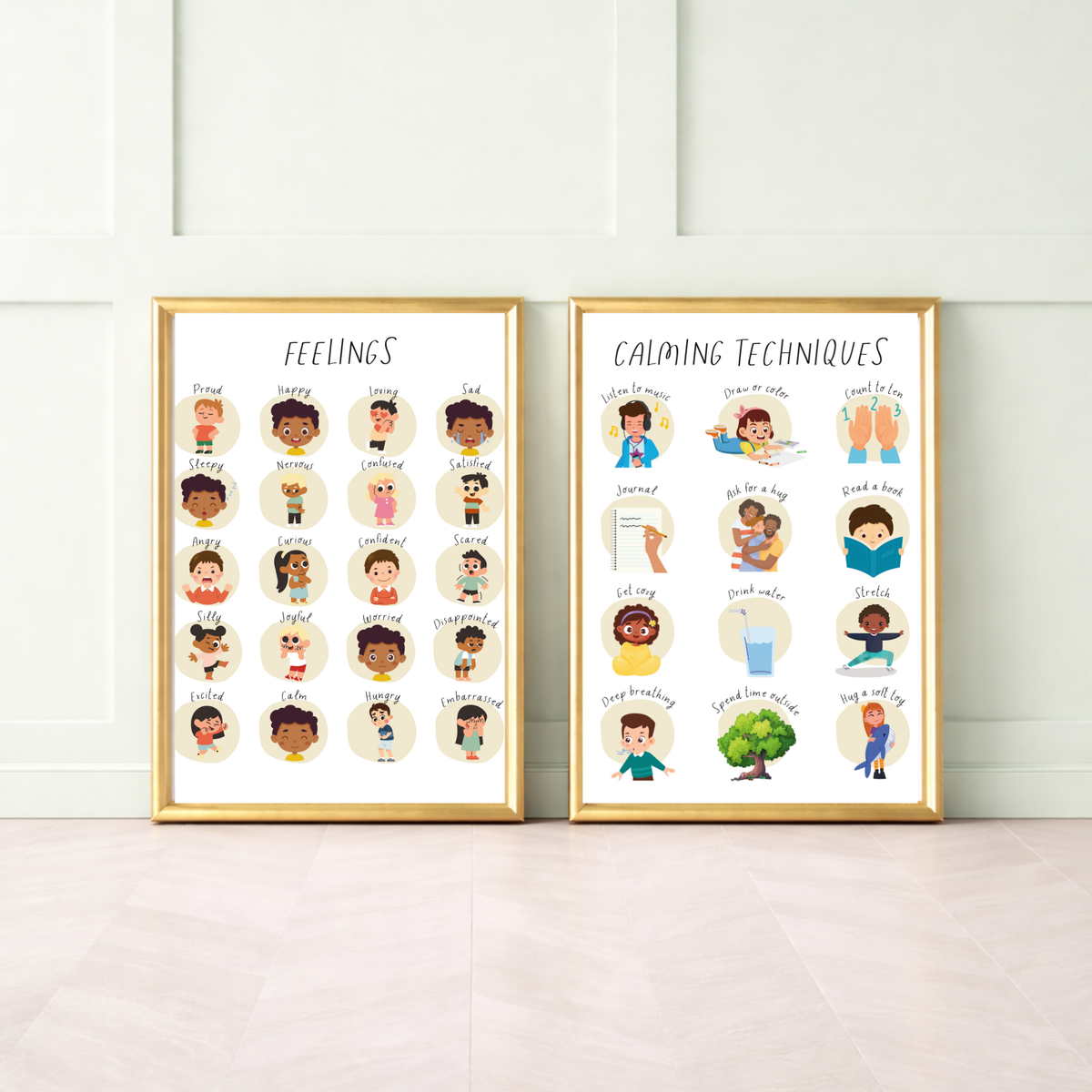 Feelings & Calming Techniques Digital Print Set of 2 | SEL Classroom Wall Art Printable | Social Emotional Learning Calm Down Corner | Instant Download Bundle