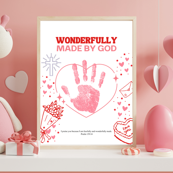 Valentine’s Day Christian Handprint Craft Printable | Wonderfully Made by God | Psalm 139:14 Kids Keepsake PDF