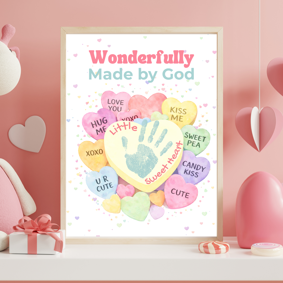 Faith-Based Valentine Heart Candy Handprint Craft Printable | Wonderfully Made by God Keepsake | Psalm 139:14 Valentine PDF