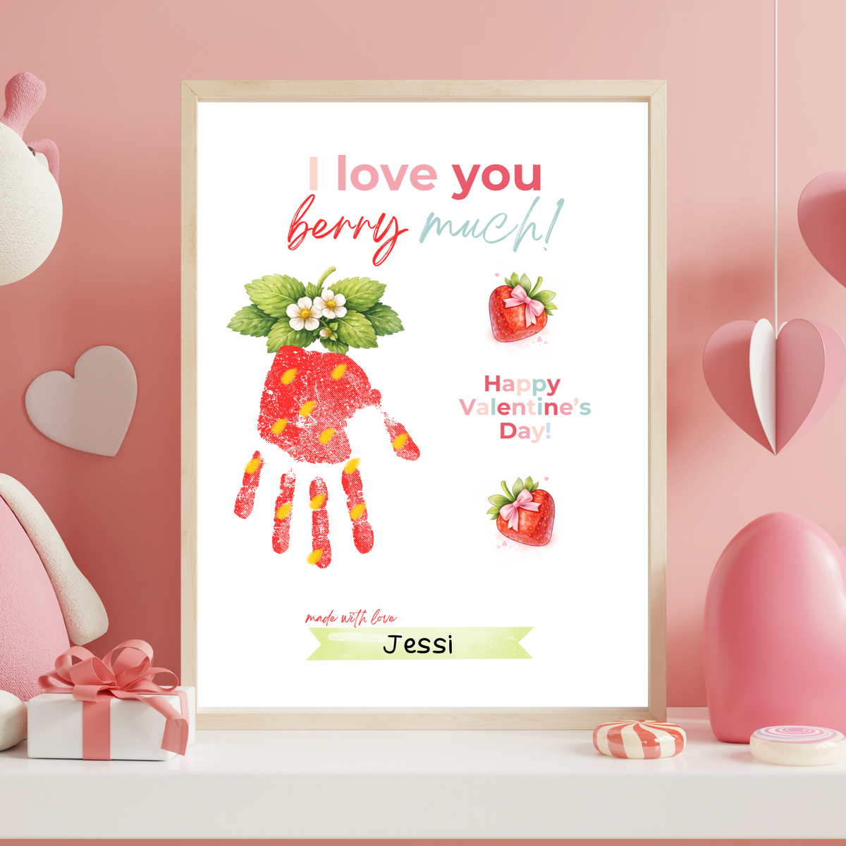 Valentine Strawberry Handprint Craft Printable | I Love You Berry Much | Kids Valentine Keepsake | Sweet Berry Art PDF
