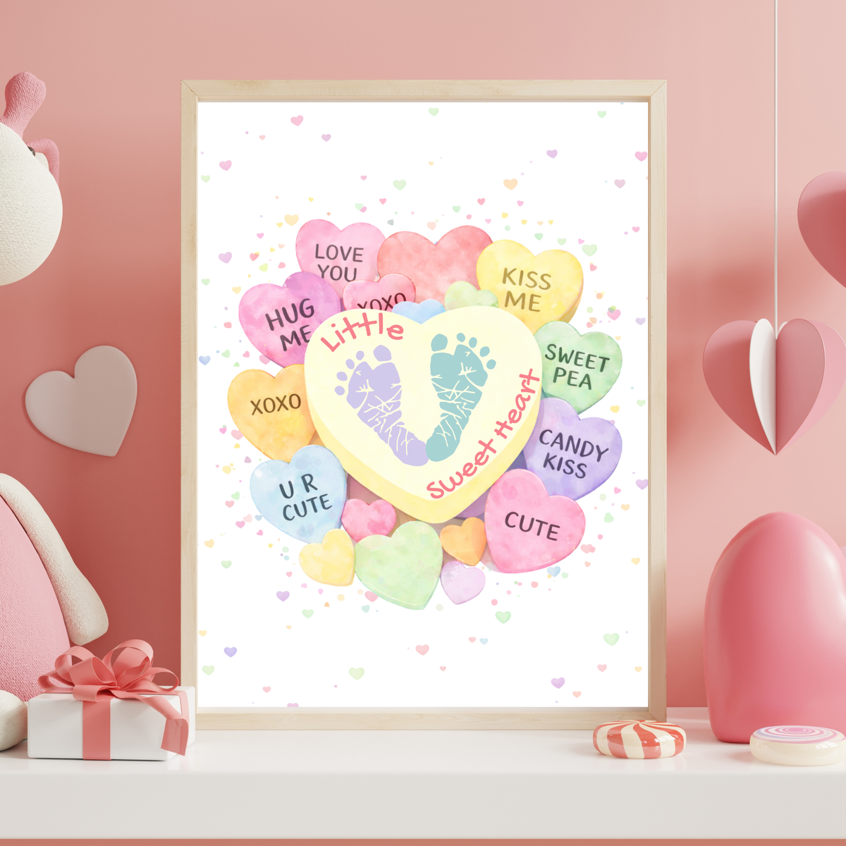 Valentine’s Day Baby Footprint Craft Printable | Sweetheart Keepsake Art | Valentine Candy Heart PDF
