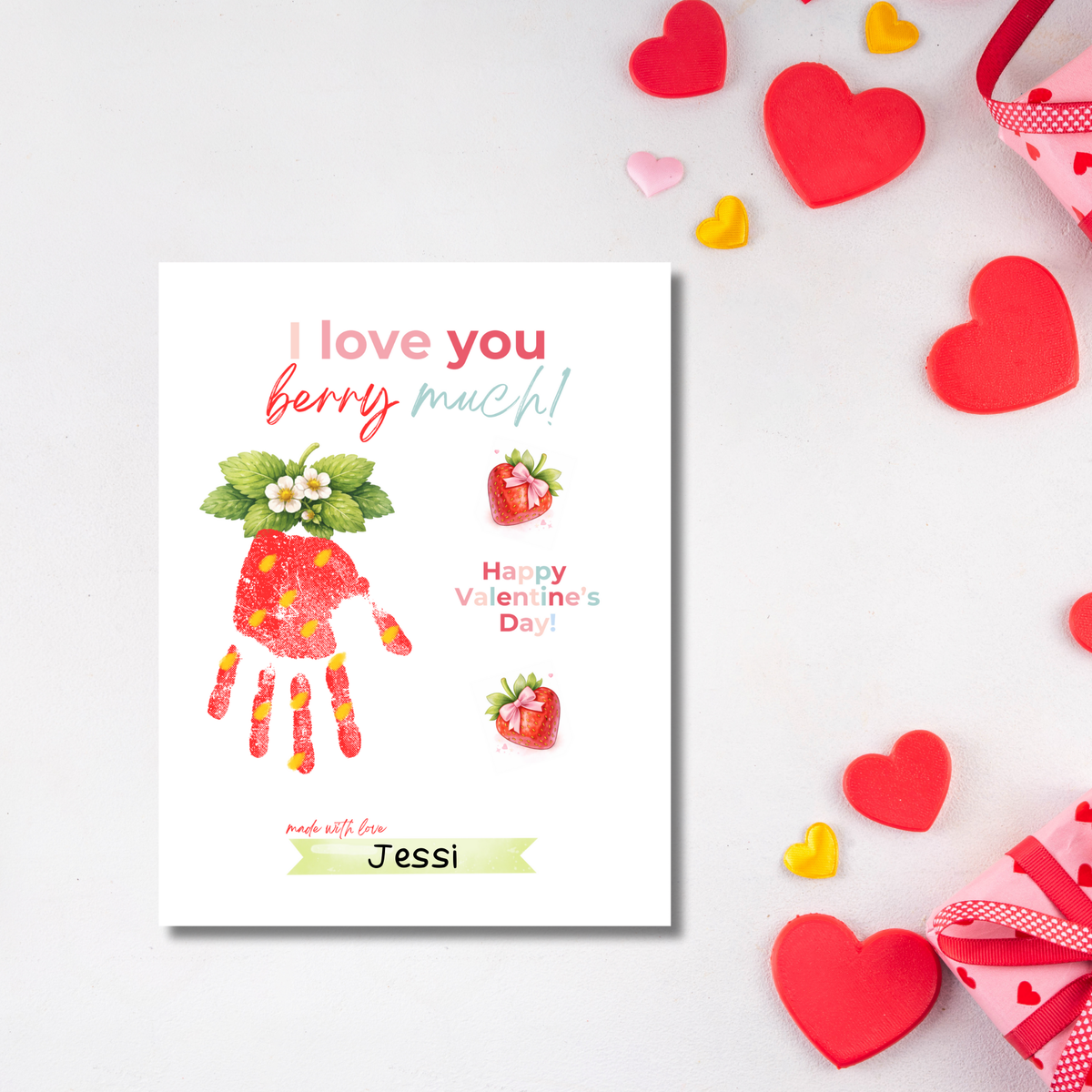 Valentine Strawberry Handprint Craft Printable | I Love You Berry Much | Kids Valentine Keepsake | Sweet Berry Art PDF