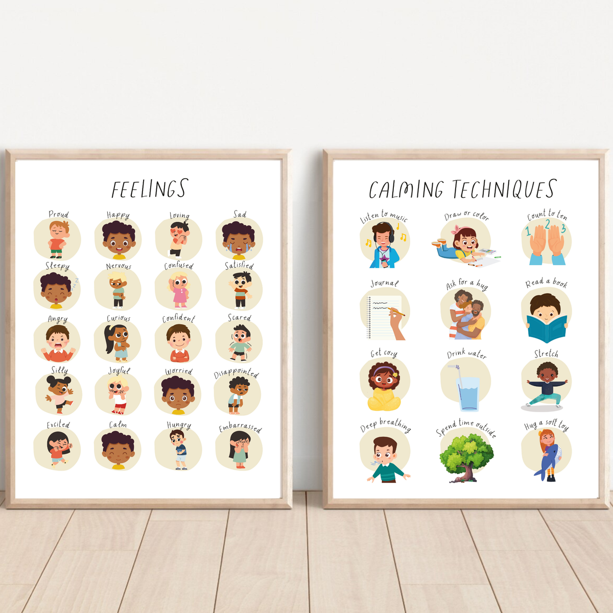 Feelings & Calming Techniques Digital Print Set of 2 | SEL Classroom Wall Art Printable | Social Emotional Learning Calm Down Corner | Instant Download Bundle