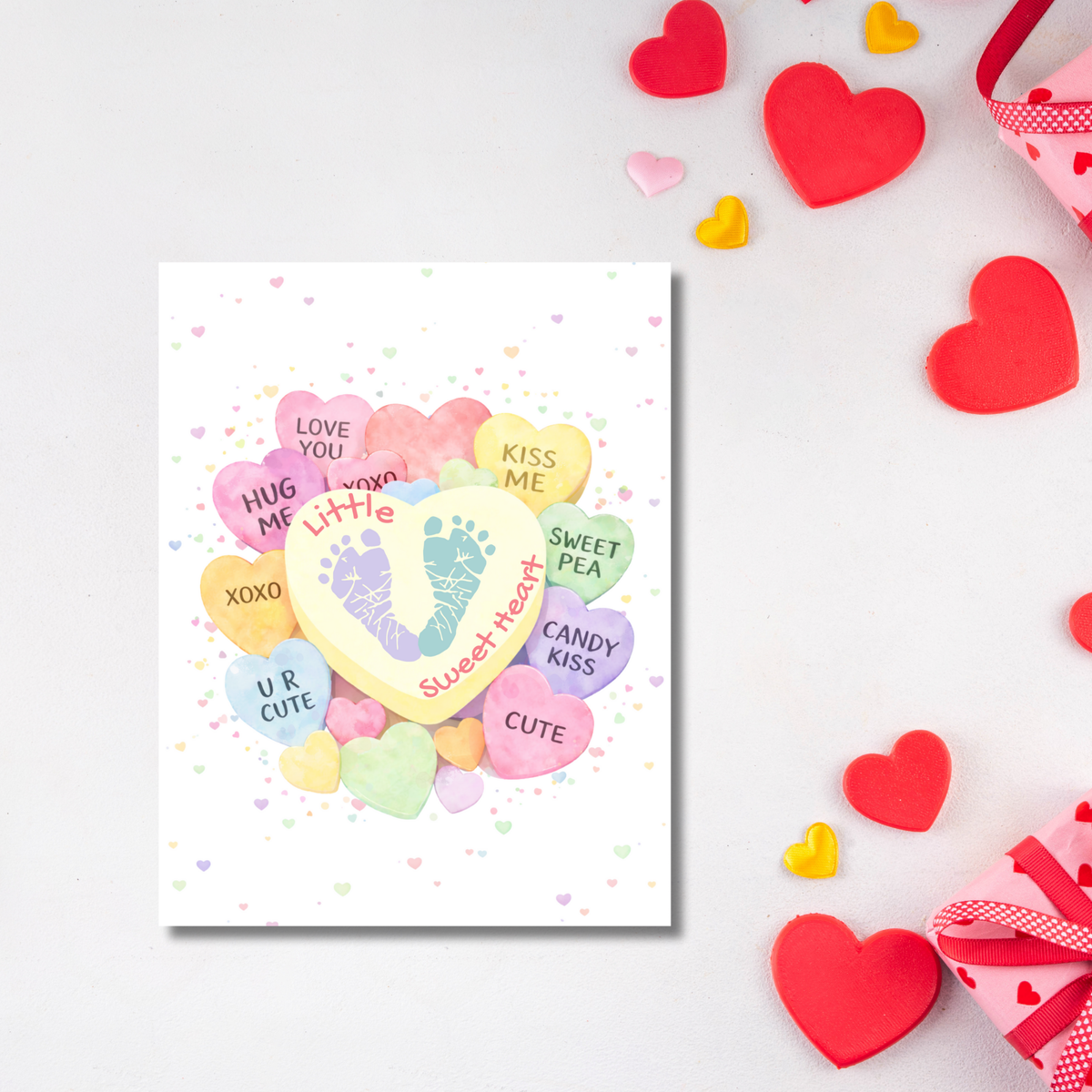 Valentine’s Day Baby Footprint Craft Printable | Sweetheart Keepsake Art | Valentine Candy Heart PDF