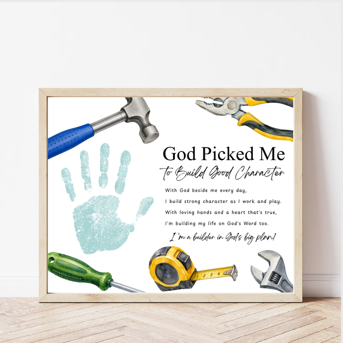Christian VBS Construction Handprint Craft Printable | God Picked Me to Build Good Character | Vacation Bible School Keepsake Activity