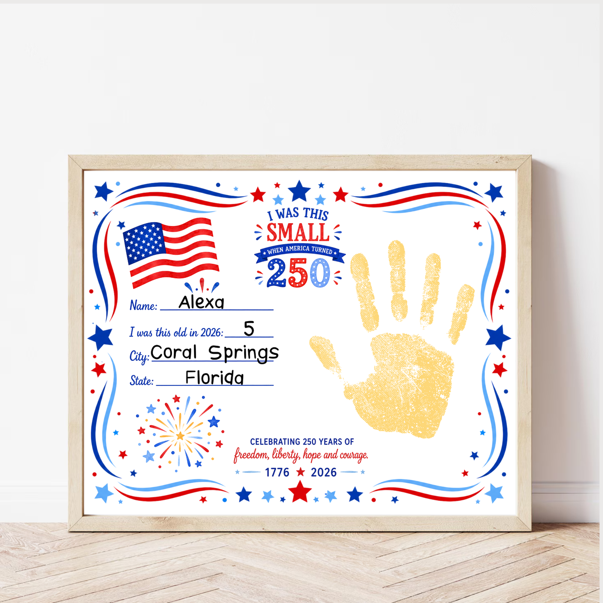 250 Years of Freedom Handprint Craft Printable, Happy Birthday America Keepsake, I Was This Small When America Turned 250, July 4th Activity