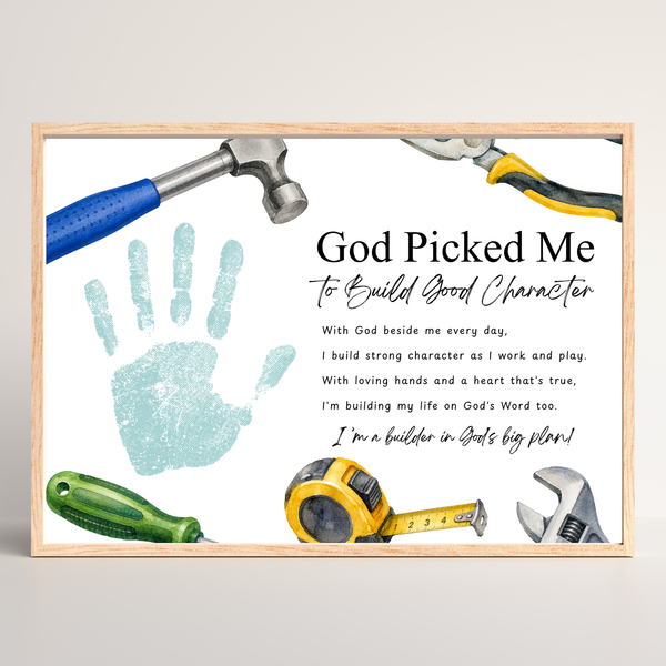 Christian VBS Construction Handprint Craft Printable | God Picked Me to Build Good Character | Vacation Bible School Keepsake Activity