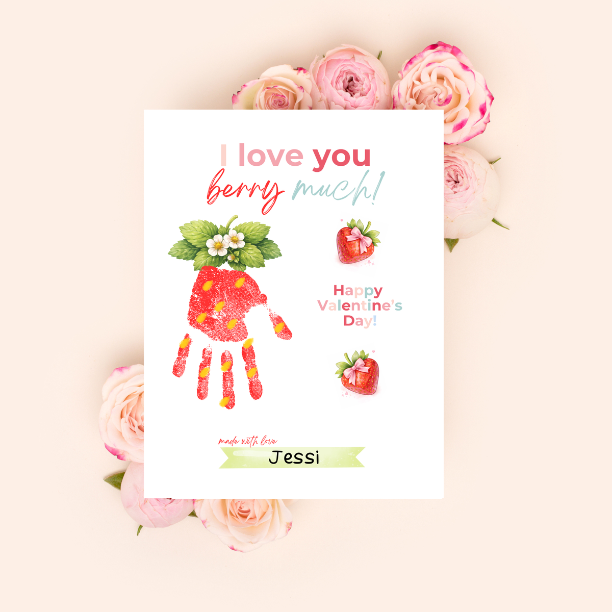 Valentine Strawberry Handprint Craft Printable | I Love You Berry Much | Kids Valentine Keepsake | Sweet Berry Art PDF