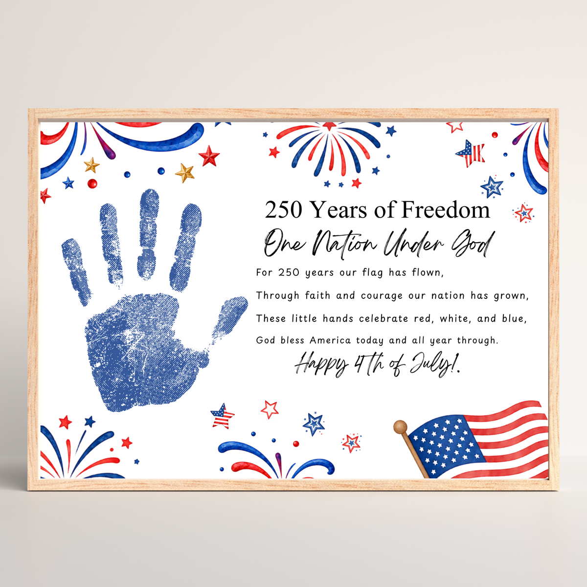 Christian July 4th Poem Handprint Craft Printable, 250 Years of Freedom, One Nation Under God, Patriotic Keepsake Activity for Kids