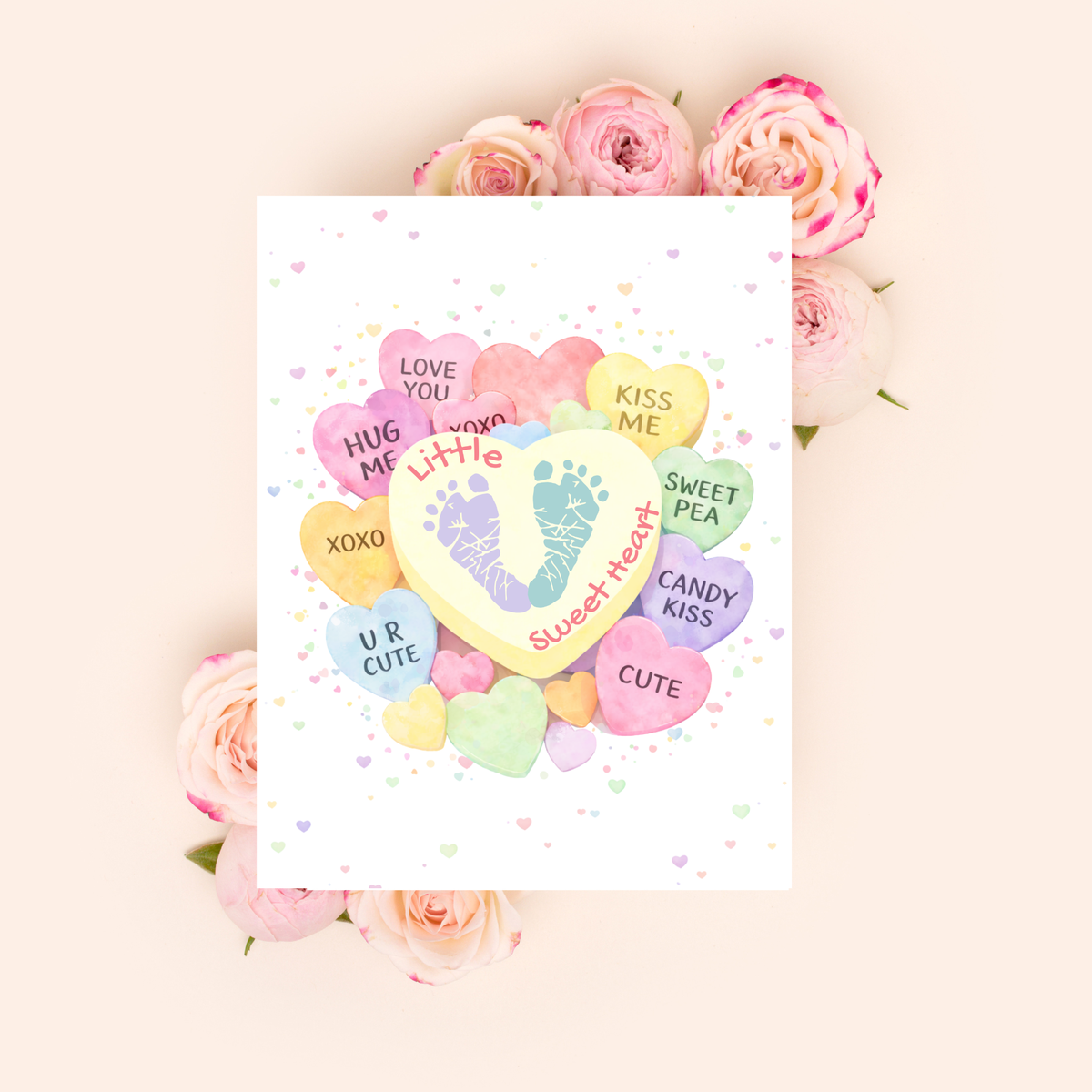 Valentine’s Day Baby Footprint Craft Printable | Sweetheart Keepsake Art | Valentine Candy Heart PDF