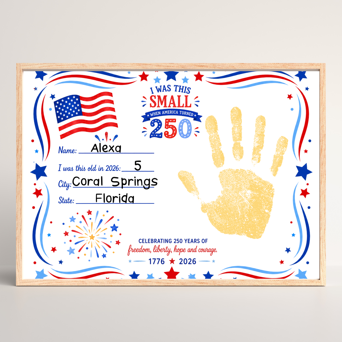 250 Years of Freedom Handprint Craft Printable, Happy Birthday America Keepsake, I Was This Small When America Turned 250, July 4th Activity