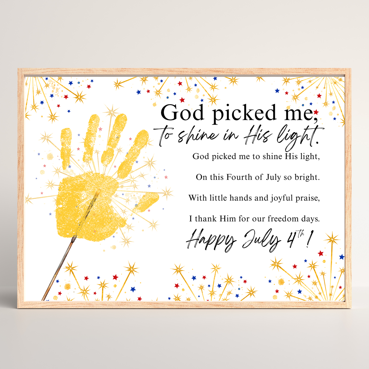 Christian July 4th Handprint Craft Printable | God Picked Me to Shine His Light | Patriotic Kids Keepsake Activity
