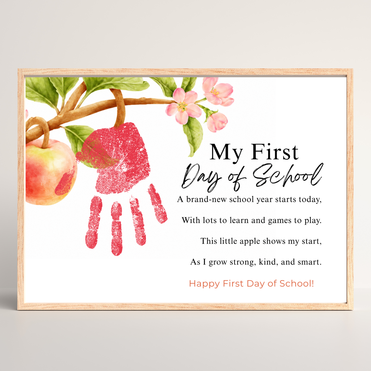 My First Day of School Apple Handprint Craft Printable | Back to School Apple Poem Keepsake | Preschool Kindergarten Activity