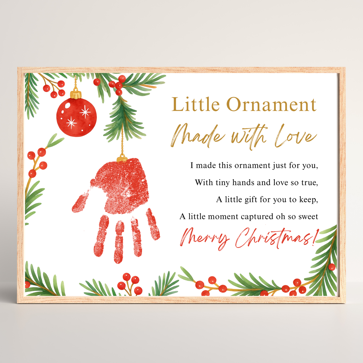 Little Ornament Made with Love Poem Handprint Craft Printable | Christmas Ornament Handprint Keepsake | Preschool Christmas Craft | Holiday Gift for Parents & Grandparents
