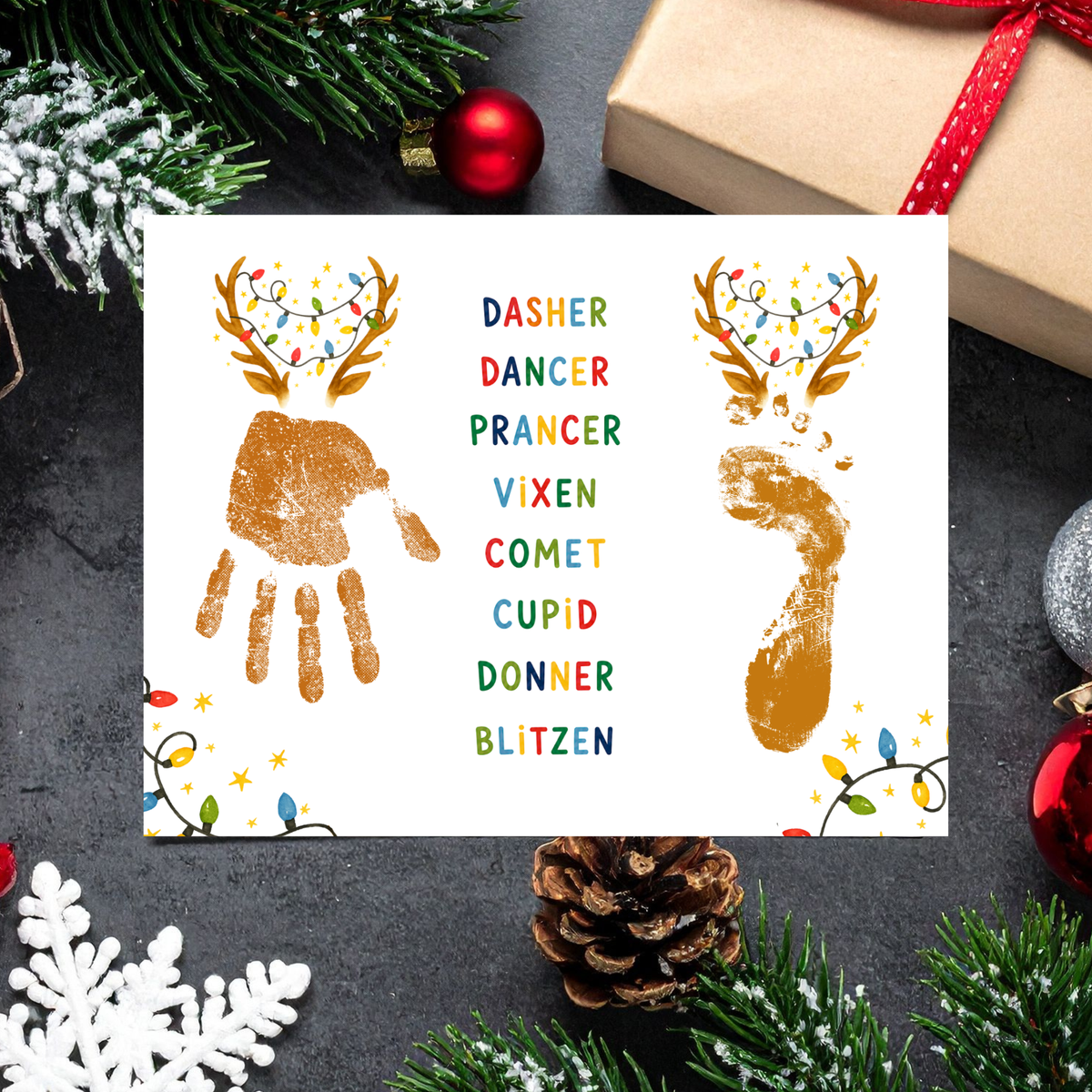 Christmas Reindeer Handprint & Footprint Craft | Reindeer Names Printable | Preschool Christmas Keepsake | Holiday Handprint Activity | Reindeer Footprint Art