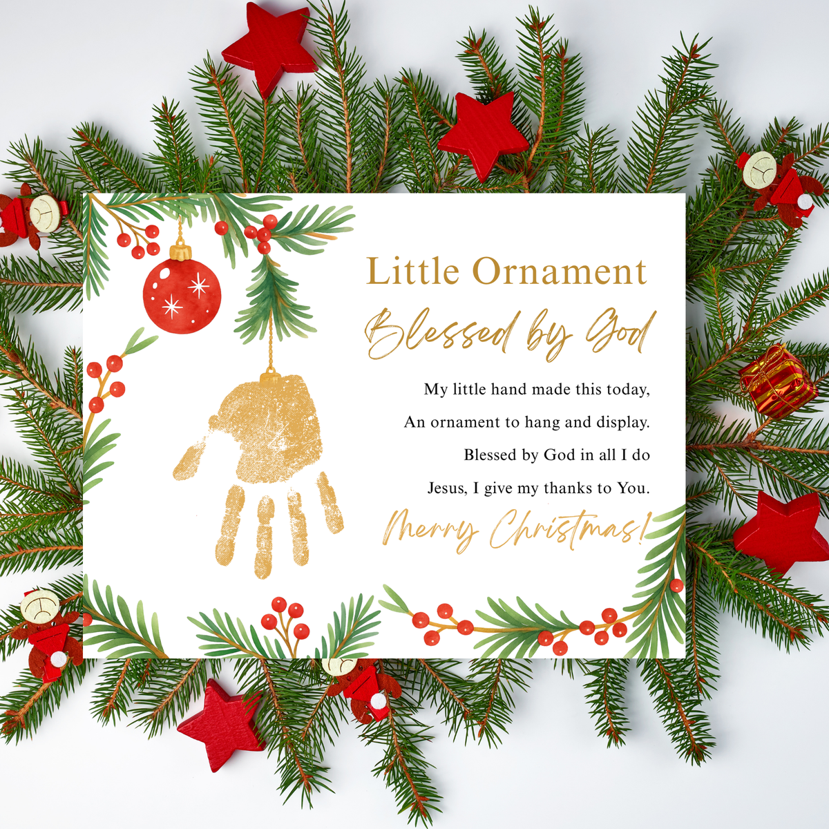 Little Ornament Blessed by God Handprint Craft Printable | Christian Christmas Ornament Poem Keepsake | Faith-Based Christmas Craft for Kids | Preschool Holiday Activity
