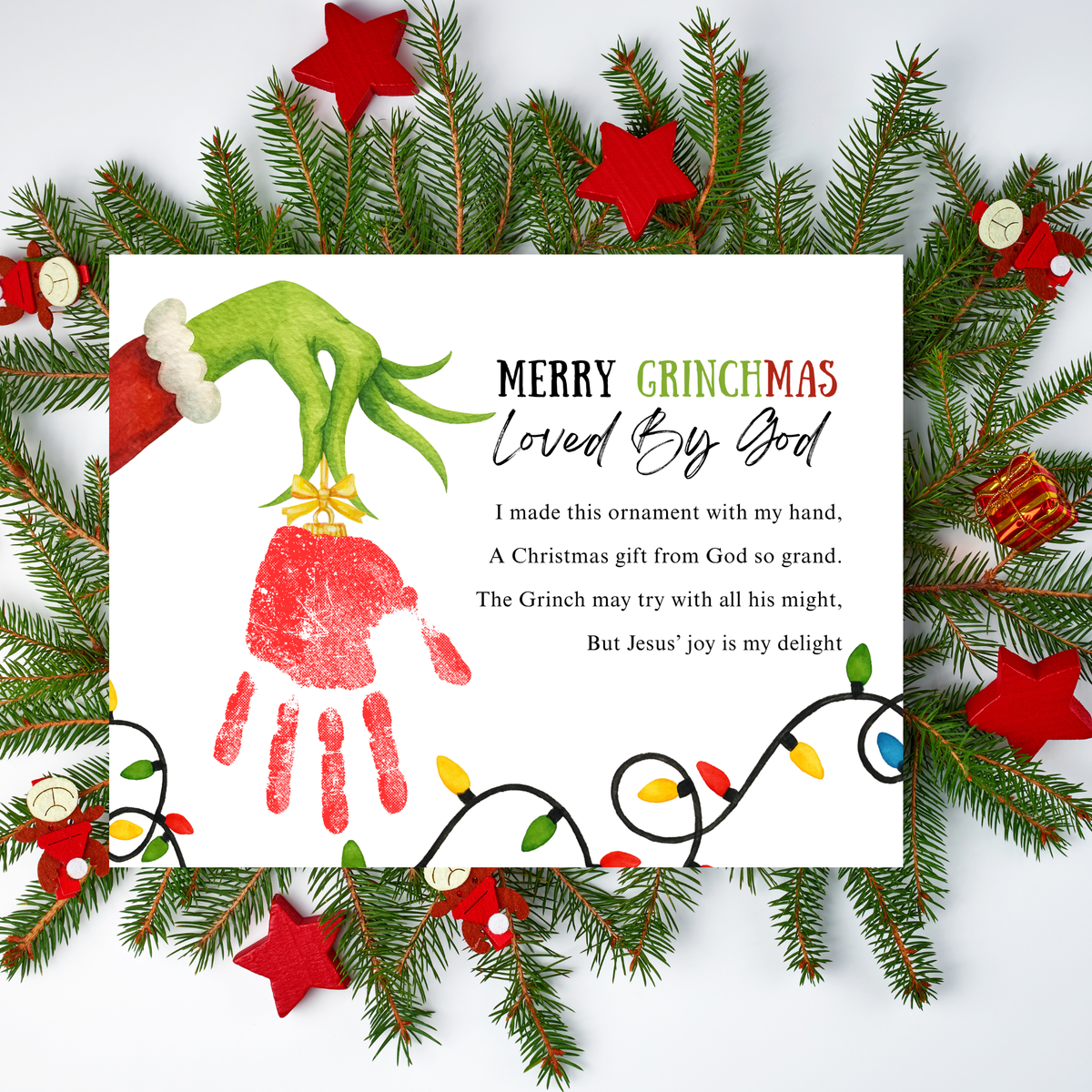 Christian Grinchmas Handprint Craft Printable | Loved by God Christmas Keepsake | Jesus Christmas Activity for Kids