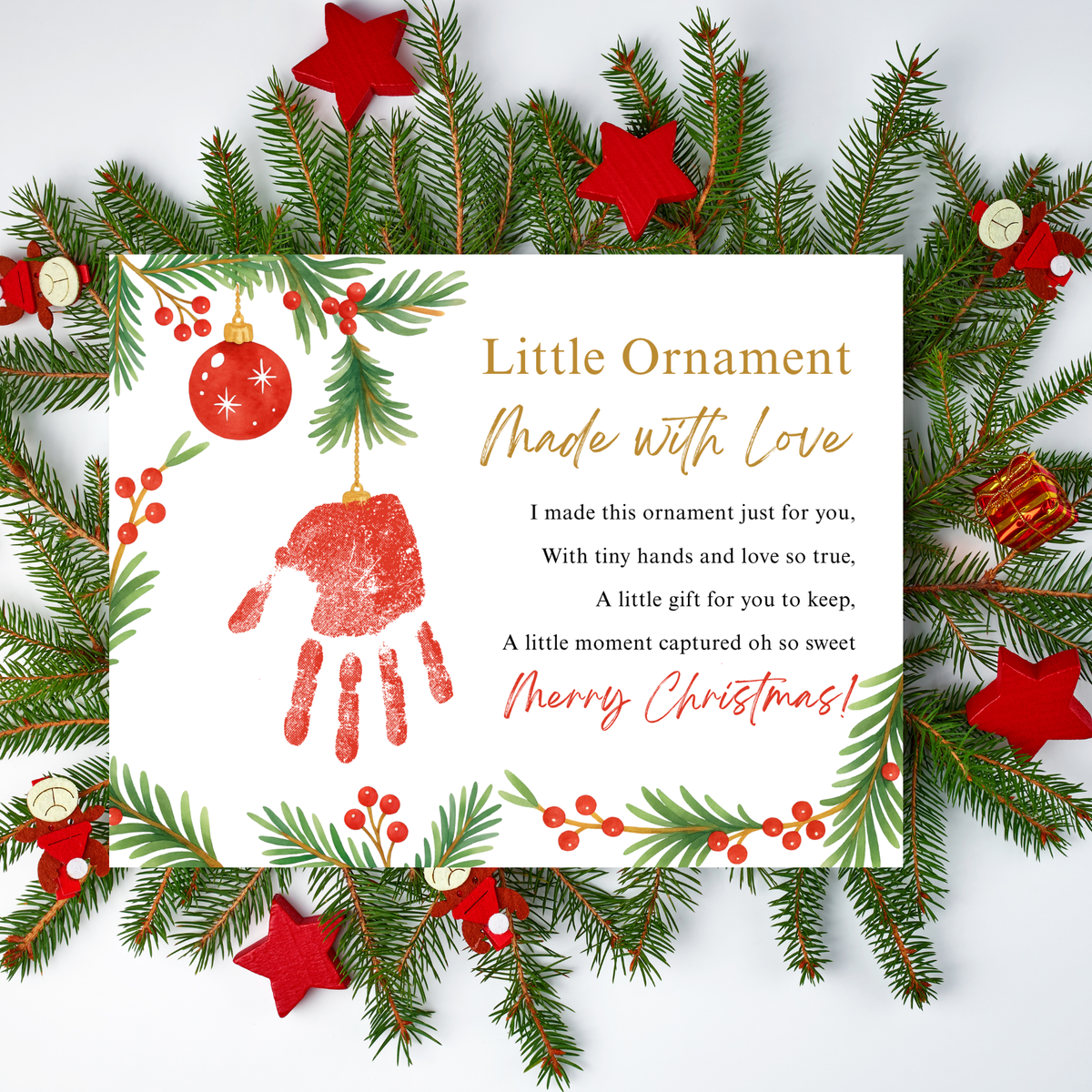 Little Ornament Made with Love Poem Handprint Craft Printable | Christmas Ornament Handprint Keepsake | Preschool Christmas Craft | Holiday Gift for Parents & Grandparents