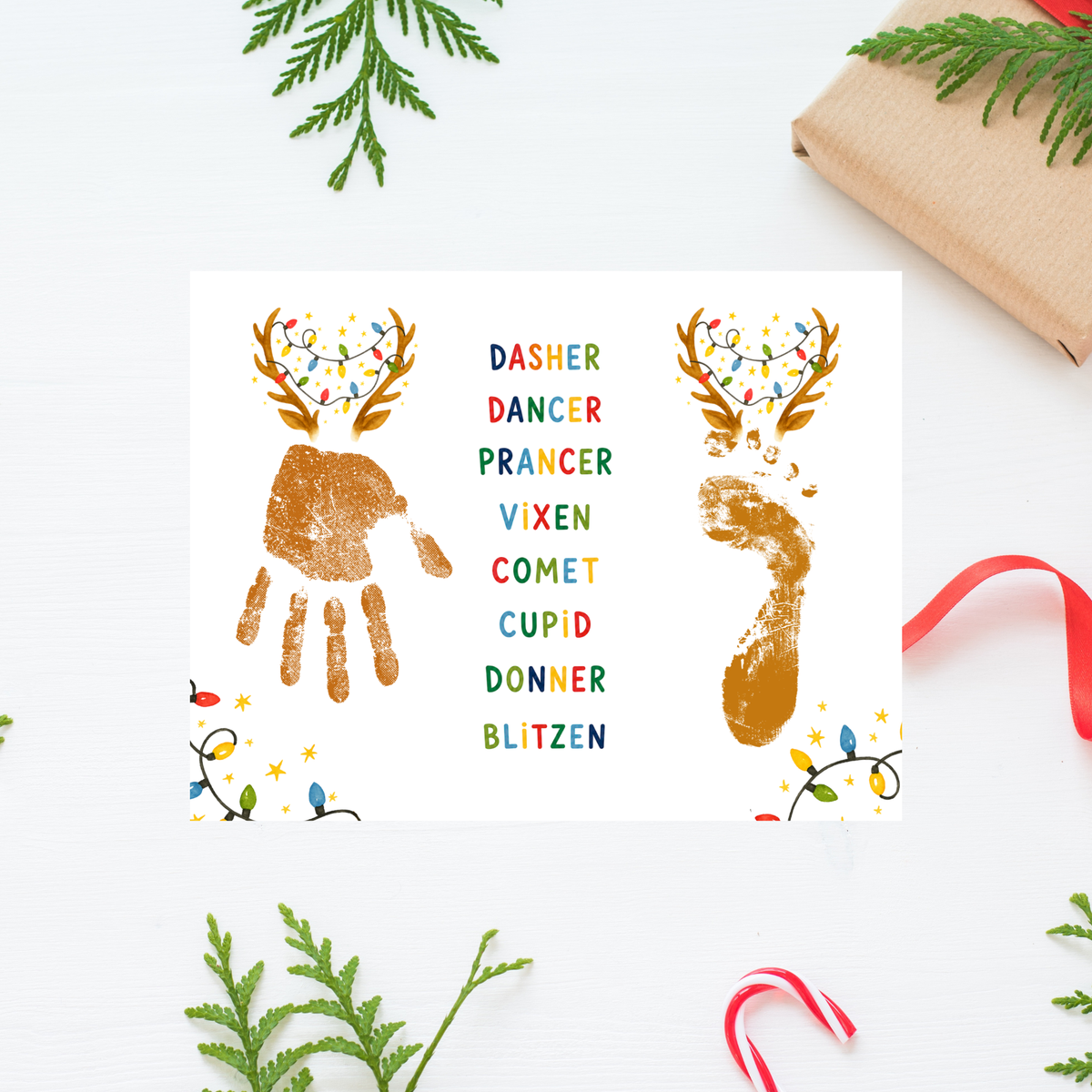 Christmas Reindeer Handprint & Footprint Craft | Reindeer Names Printable | Preschool Christmas Keepsake | Holiday Handprint Activity | Reindeer Footprint Art