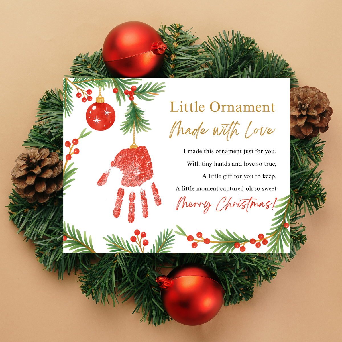 Little Ornament Made with Love Poem Handprint Craft Printable | Christmas Ornament Handprint Keepsake | Preschool Christmas Craft | Holiday Gift for Parents & Grandparents