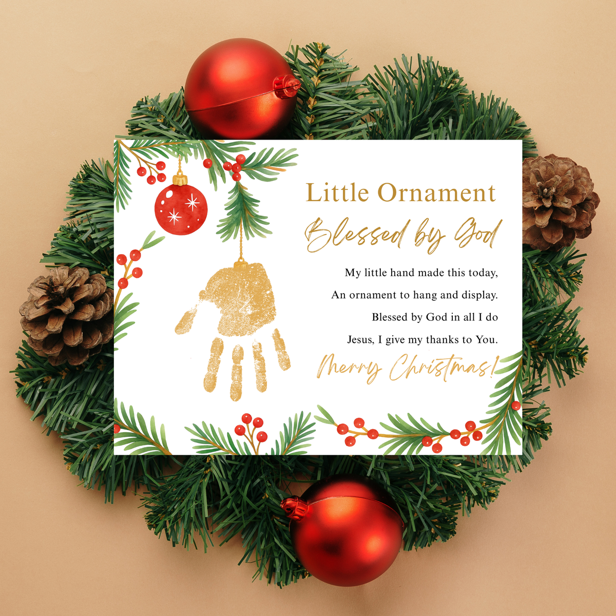 Little Ornament Blessed by God Handprint Craft Printable | Christian Christmas Ornament Poem Keepsake | Faith-Based Christmas Craft for Kids | Preschool Holiday Activity
