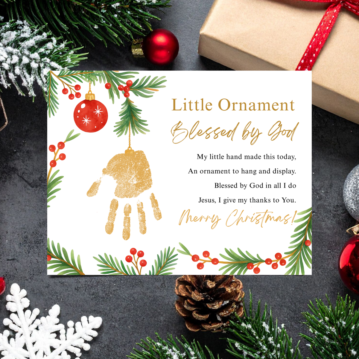 Little Ornament Blessed by God Handprint Craft Printable | Christian Christmas Ornament Poem Keepsake | Faith-Based Christmas Craft for Kids | Preschool Holiday Activity