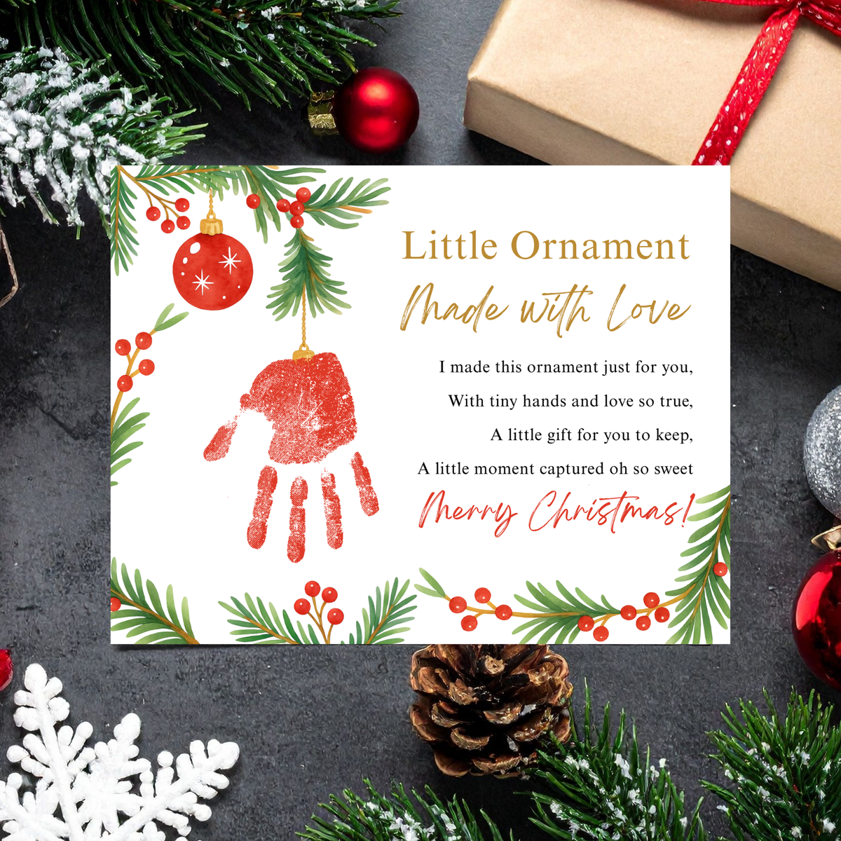 Little Ornament Made with Love Poem Handprint Craft Printable | Christmas Ornament Handprint Keepsake | Preschool Christmas Craft | Holiday Gift for Parents & Grandparents