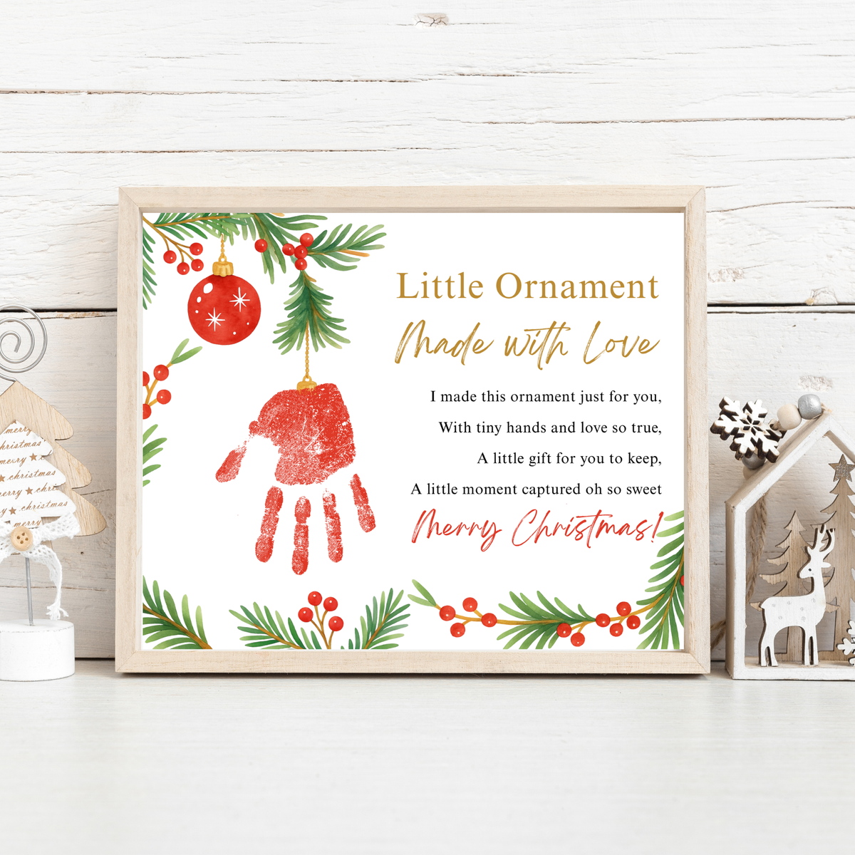 Little Ornament Made with Love Poem Handprint Craft Printable | Christmas Ornament Handprint Keepsake | Preschool Christmas Craft | Holiday Gift for Parents & Grandparents
