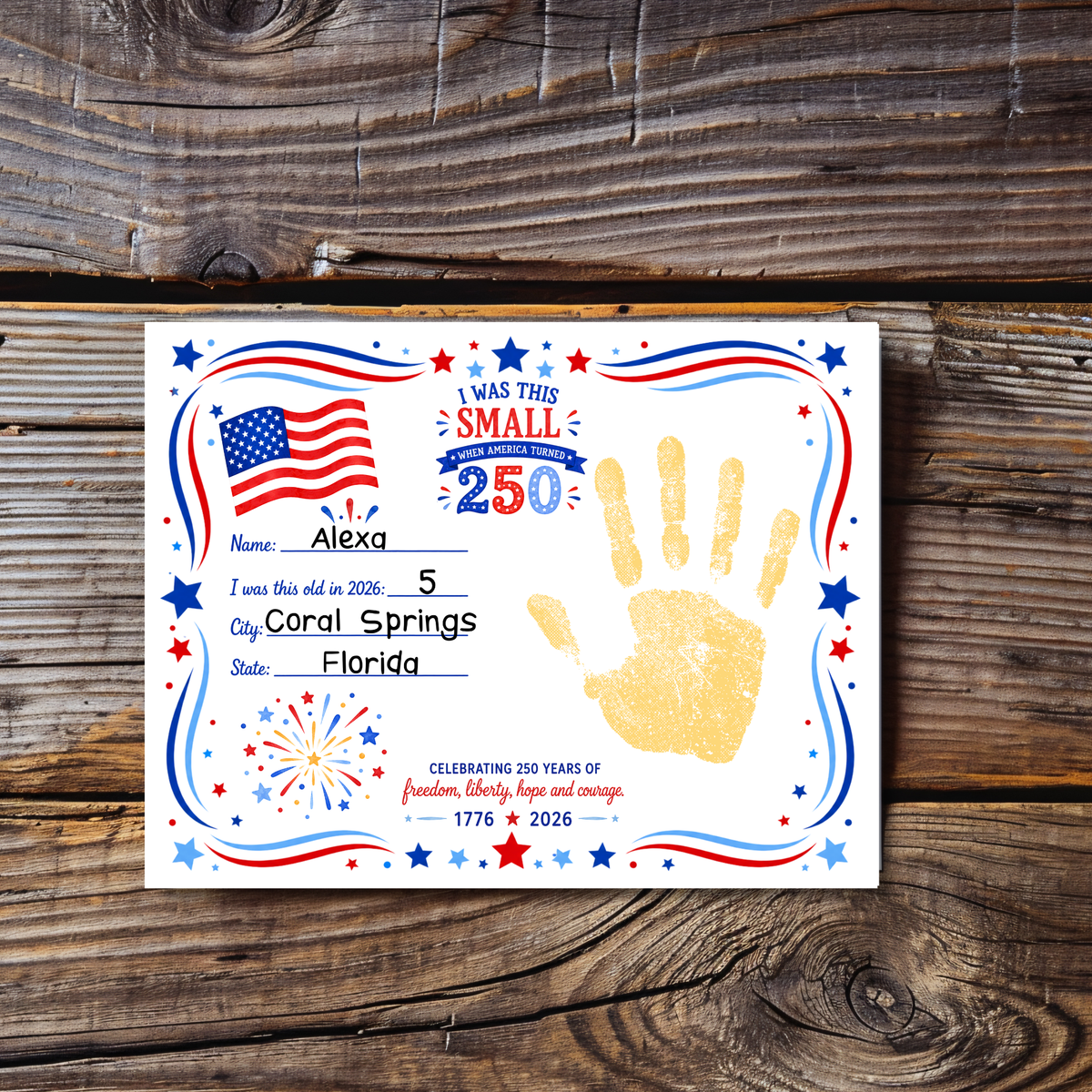 250 Years of Freedom Handprint Craft Printable, Happy Birthday America Keepsake, I Was This Small When America Turned 250, July 4th Activity