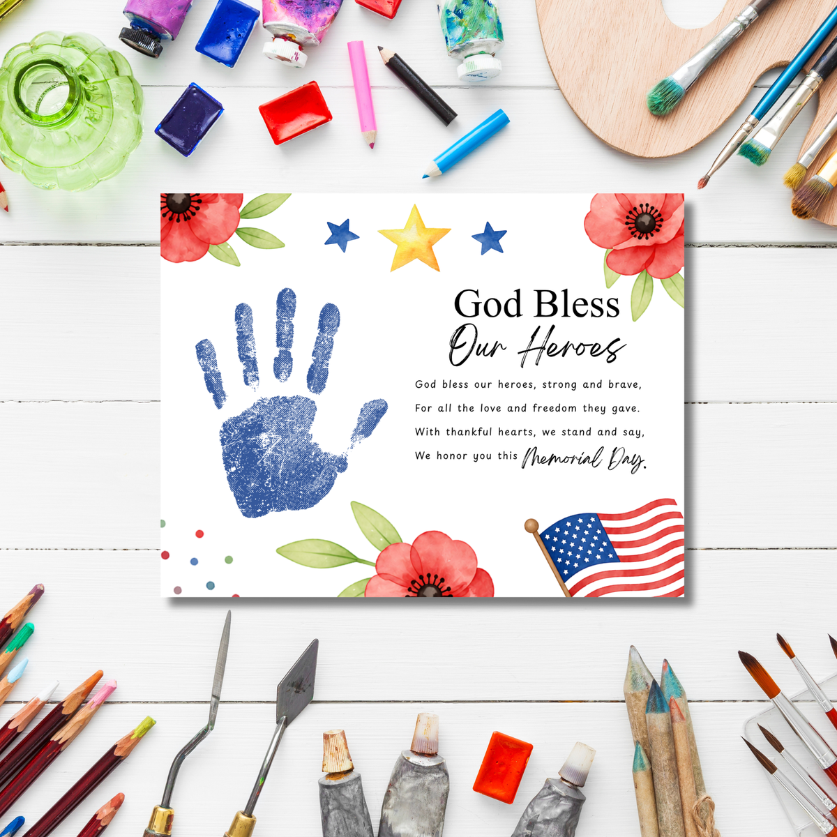 Christian Memorial Day Handprint Craft Printable | God Bless Our Heroes Keepsake | Patriotic Kids Activity | Sunday School PDF