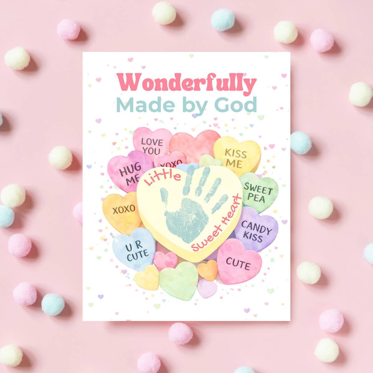 Faith-Based Valentine Heart Candy Handprint Craft Printable | Wonderfully Made by God Keepsake | Psalm 139:14 Valentine PDF