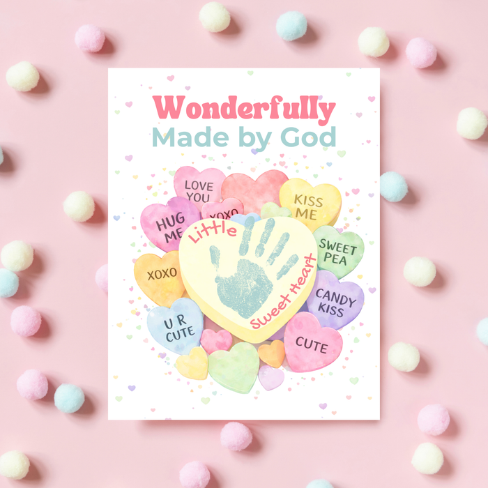 Faith-Based Valentine Heart Candy Handprint Craft Printable | Wonderfully Made by God Keepsake | Psalm 139:14 Valentine PDF