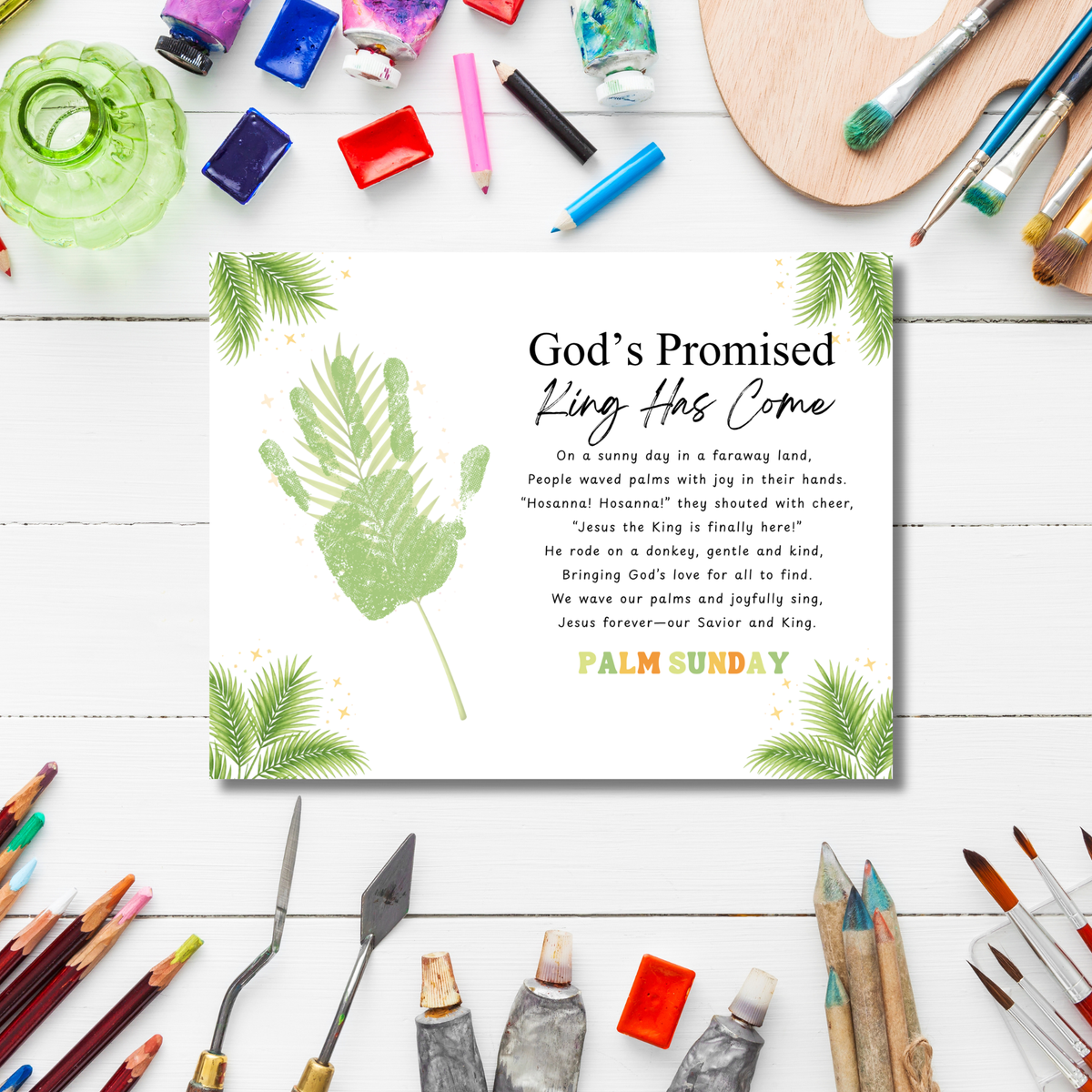 Palm Sunday Poem Handprint Craft Printable | “God’s Promised King Has Come” Christian Kids Activity | Easter Faith-Based Keepsake PDF