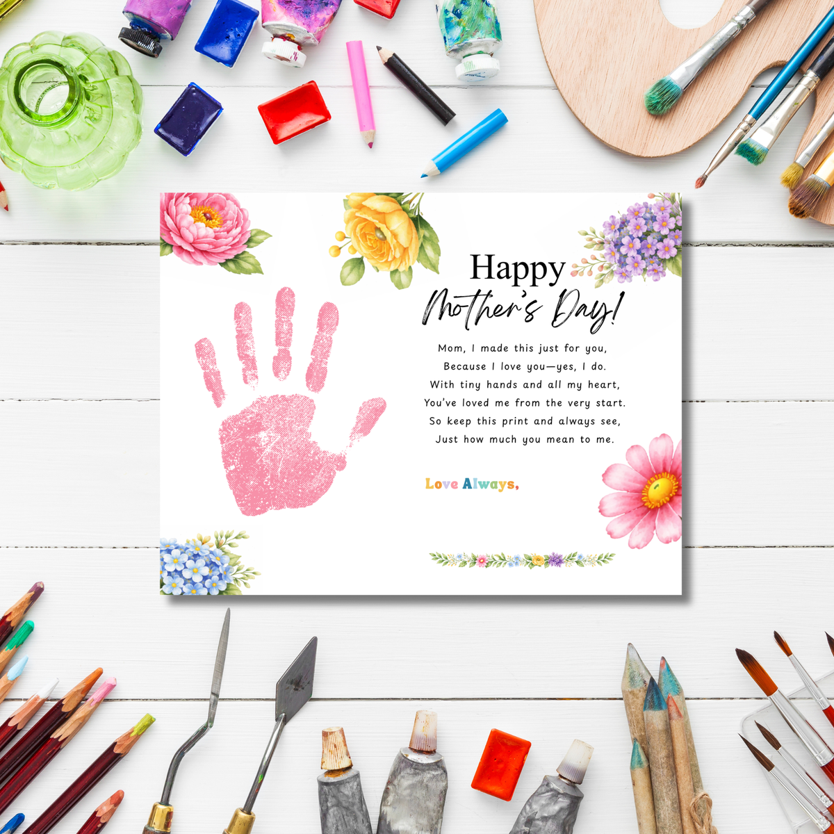 Mother’s Day Handprint Craft Printable | Happy Mother’s Day Keepsake Gift from Kids | Preschool DIY Handprint Art | Floral Mom Gift PDF