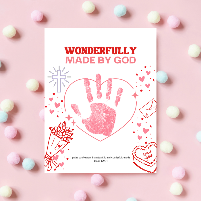 Valentine’s Day Christian Handprint Craft Printable | Wonderfully Made by God | Psalm 139:14 Kids Keepsake PDF